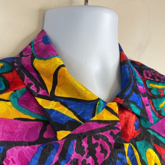 Vintage Womens DISCO PSYCHEDELIC Top Size 2X Pink Blue Satin Button Tunic Blouse - Picture 10 of 13